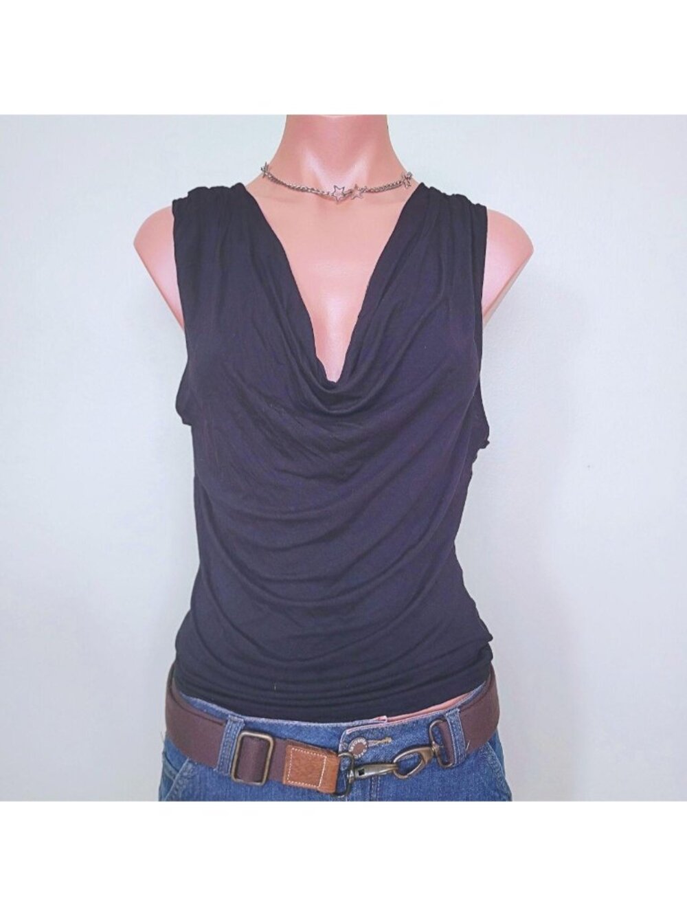 H&M Elegant Ruched Deep V-Neck Lace Trim Plunge Tank Top (M)